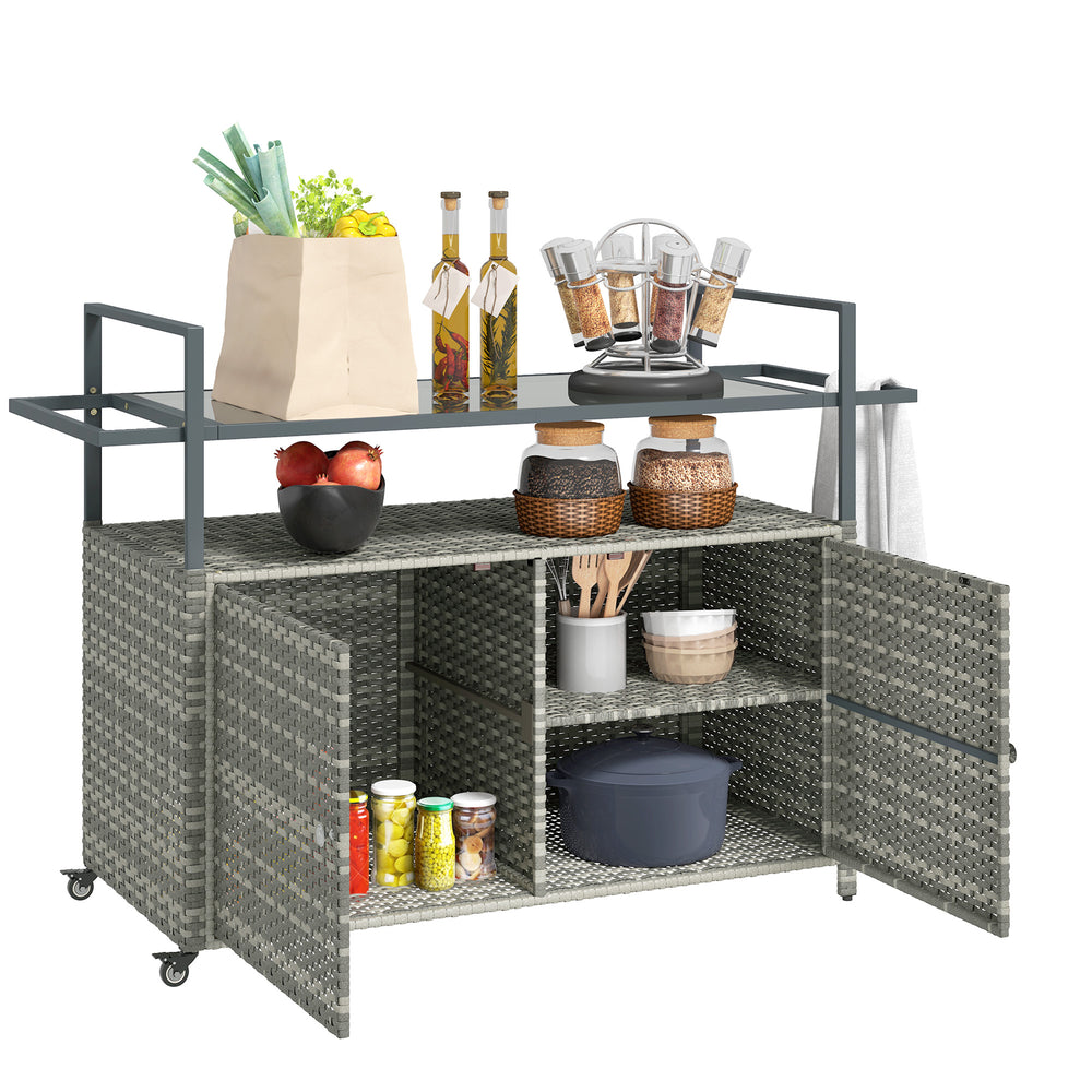 English Elm Outsunny Pe Rattan Outdoor Bar Cart with Glass Top Cabinet and Rolling Wheels W2225P485562