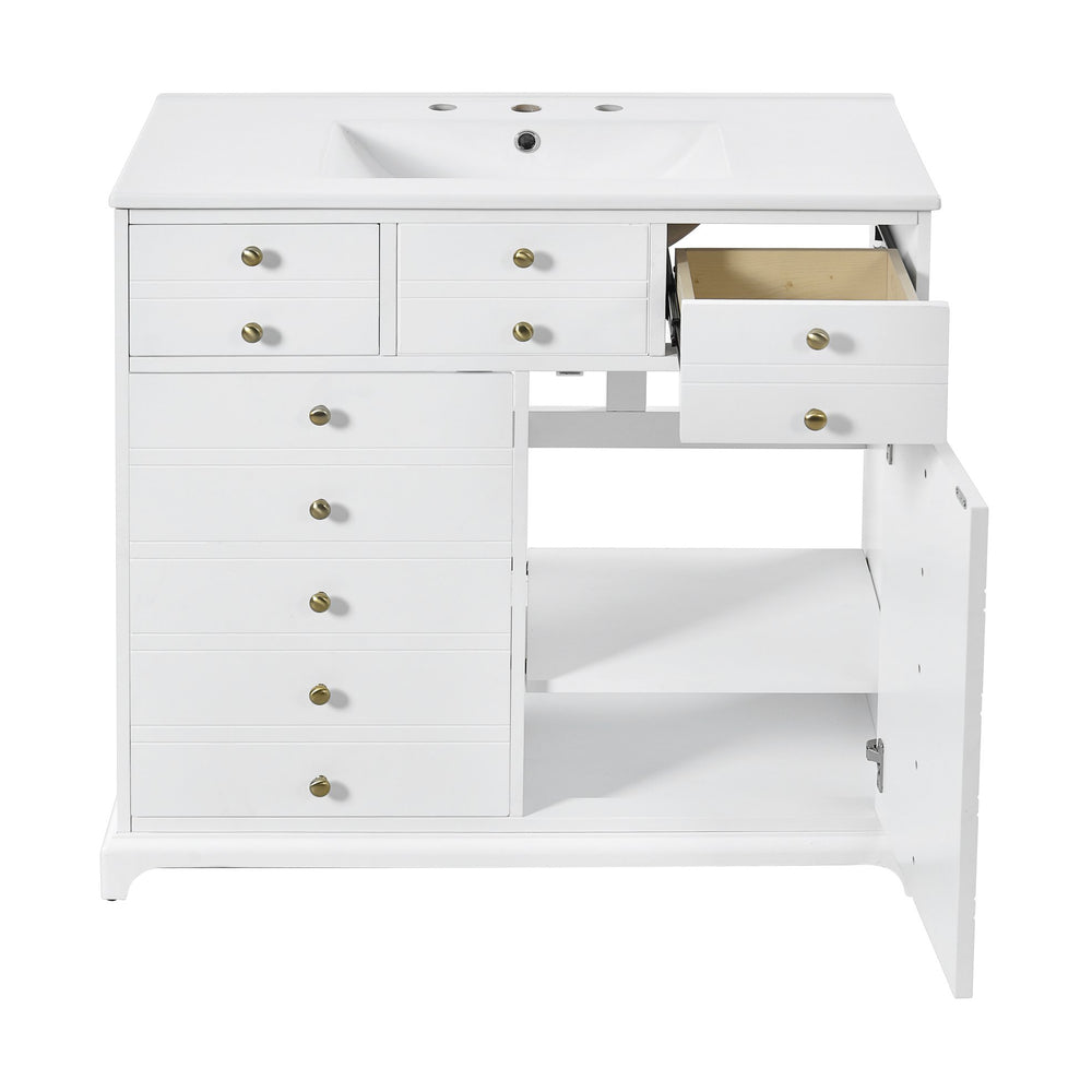 English Elm 36'' Bathroom Vanity with Ceramic Sink Combines Retro Solid Wood Frame, Soft-Close Drawers & Ample Storage White N710P195628K
