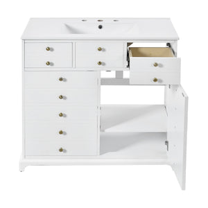 English Elm 36'' Bathroom Vanity with Ceramic Sink Combines Retro Solid Wood Frame, Soft-Close Drawers & Ample Storage White N710P195628K