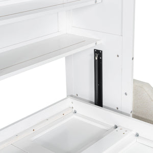 English Elm Queen Murphy Cabinet Bed with Sofa Foldaway, Built-In Shelves, LED Lighting, Space-Saving Beige N7090000603A