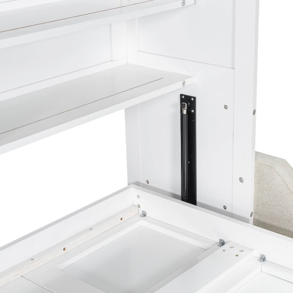 English Elm Queen Murphy Cabinet Bed with Sofa Foldaway, Built-In Shelves, LED Lighting, Space-Saving Beige N7090000603A