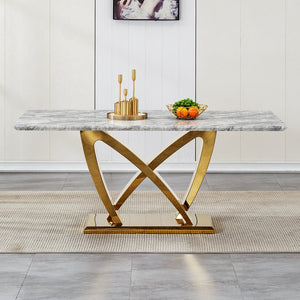 English Elm Marble Dining Table For 6, 70'' Rectangular Faux Marble With Mirrored Stainless Steel Base, Modern Elegance W3456S00026
