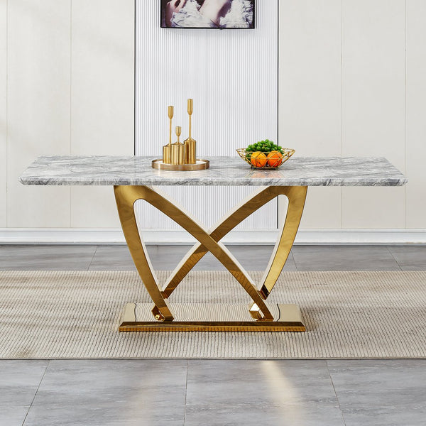 English Elm Marble Dining Table For 6, 70'' Rectangular Faux Marble With Mirrored Stainless Steel Base, Modern Elegance W3456S00026