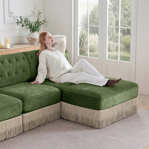 English Elm 135" Modular Chesterfield Sectional Sofa Velvet Tufted Tassel Skirt Lounge Seating Green W714S01710