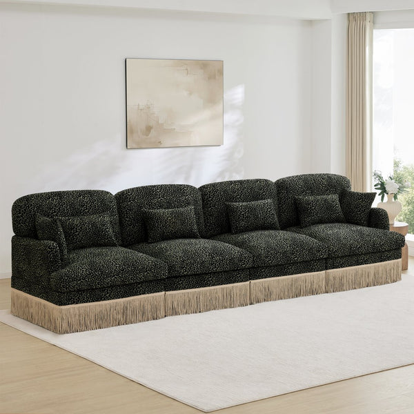 English Elm 131" Chenille Leopard Sectional Sofa Modular 4 Seat Deep Cushion Tassel Trim Green W5656S00034