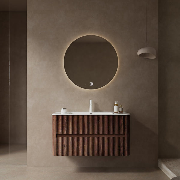English Elm NOOR 36" Wall-Mounted Bathroom Vanity with Ceramic Sink, Retro Walnut Plywood, 2 Soft-Close Drawers W2615P193170
