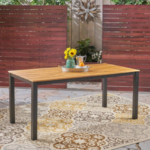 English Elm Christopher Knight Home® - Rectangular Acacia Wood Outdoor Dining Table 71" — Teak Finish Slatted Top, Black Iron Legs, Durable Elegance 64274.00