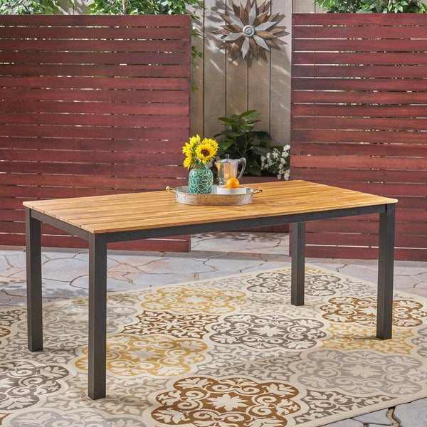 English Elm Christopher Knight Home® - Rectangular Acacia Wood Outdoor Dining Table 71" — Teak Finish Slatted Top, Black Iron Legs, Durable Elegance 64274.00