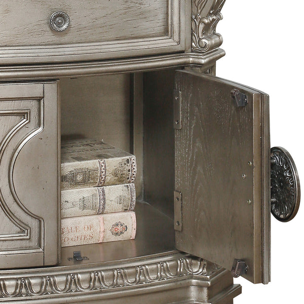 English Elm Antique Silver Champagne Nightstand with Felt-Lined Drawer & Cabinet Storage, Vintage Charm Design B062P189073
