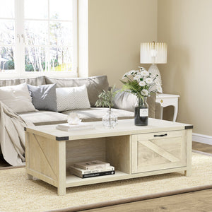 English Elm HOMCOM Farmhouse Coffee Table with Flip Lift Top and Hidden Storage, Square Center Table, Rustic Charm Natural W2225P217452