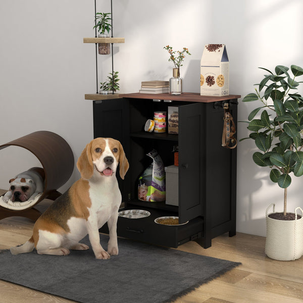 English Elm PawHut Elevated Dog Feeding Station with Hidden Bowls, Storage Cabinet, Adjustable Heights & Hooks Black W2225P200365