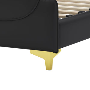 English Elm Christopher Knight Home® - King PU Leather Bed Frame with Wingback Headboard & Footboard, Gold Accents, Platform Slat Support, Elegant Design Black 77.5 L x 21 W x 5.25 H N761S0000012B