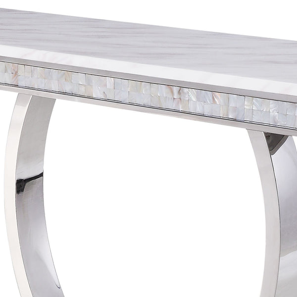 English Elm White Cultured Marble Sofa Table with Mirrored Silver Stainless Steel Frame, 63.5" Wide Elegance B062S00457
