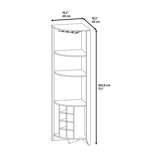 English Elm Corner Bar Cabinet with Ten Built-In Wine Slots, Cup Rack & Spacious Top Shelf for Entertaining Brown 75.2 L x 24.02 W x 3.15 H B097S00148