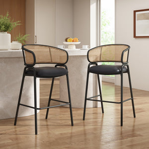 English Elm Christopher Knight Home® - Ethan Metal Upholstered Barstool Set of 2 — Faux Leather Cushions, Woven Rattan Back, Sleek Black Frame N775P290455B