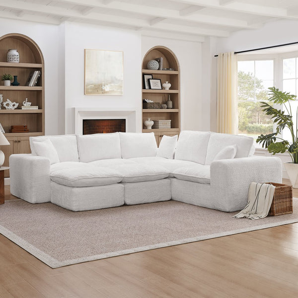 English Elm 107'' Boucle Modular Sectional with Reversible Chaise and Two Ottomans for Living Room Beige W1413S00160