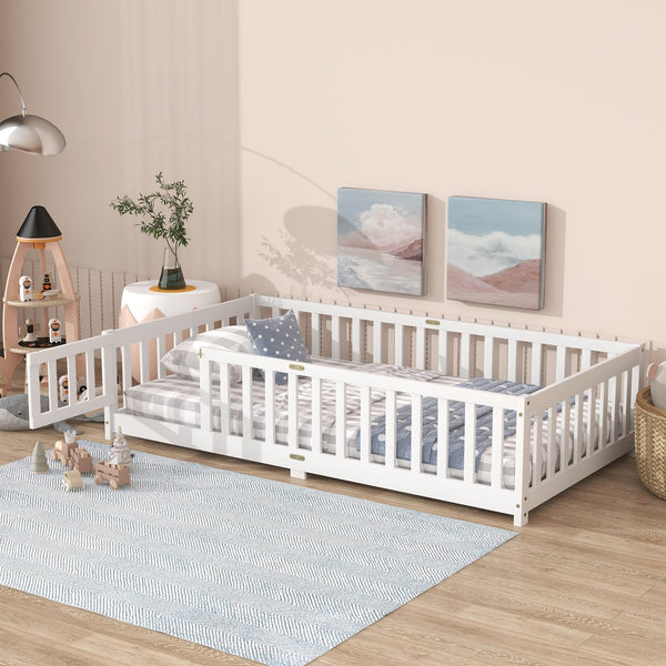 English Elm Twin Low Profile Rubberwood Floor Bed with Full Safety Fence for Toddler Rooms White W504P429270