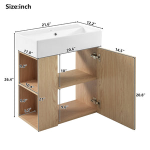 English Elm 21.6 Modern Floating Bathroom Vanity with Ceramic Basin, Wave Door, Rose Gold Handle, Space-Saving Wood N729P170390D