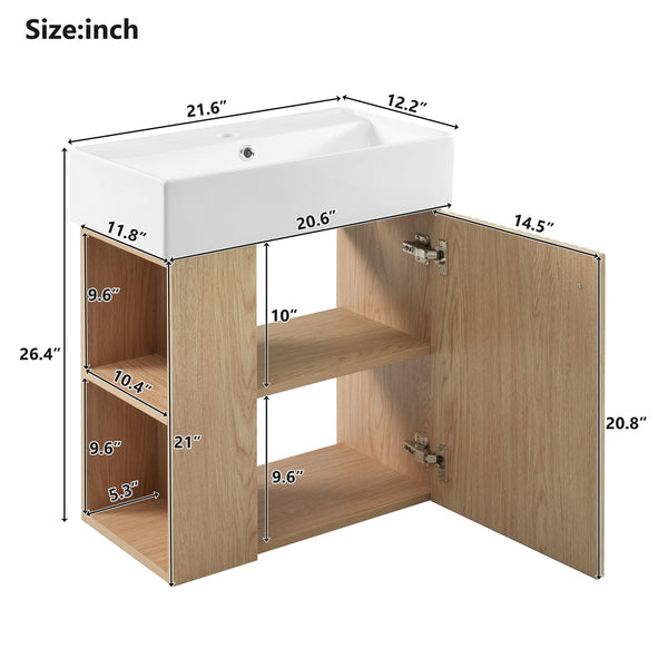 English Elm 21.6 Modern Floating Bathroom Vanity with Ceramic Basin, Wave Door, Rose Gold Handle, Space-Saving Wood N729P170390D