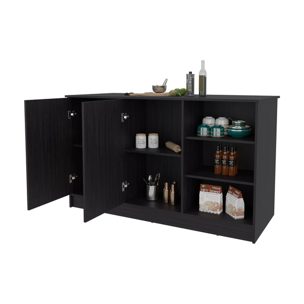 English Elm Wengue Kitchen Island with Six Open Shelves, 59" Wide Modern Rectangular Console for Stylish Storage and Display B062S00606