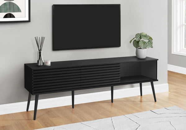 English Elm Tv Stand 72 Inch Black Laminate Media Console with Sliding Doors, Cable Management, Retro Legs B2710P221670