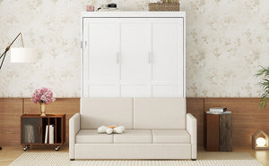 English Elm Queen Murphy Bed with Linen Cushion Sofa Folds Flat for Studio or Guest Room White LP000891AAK-1