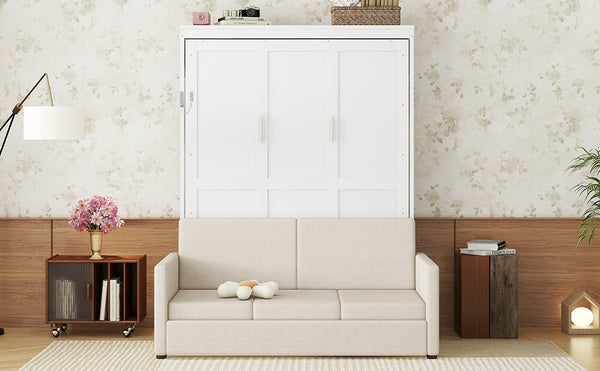 English Elm Queen Murphy Bed with Linen Cushion Sofa Folds Flat for Studio or Guest Room White LP000891AAK-1