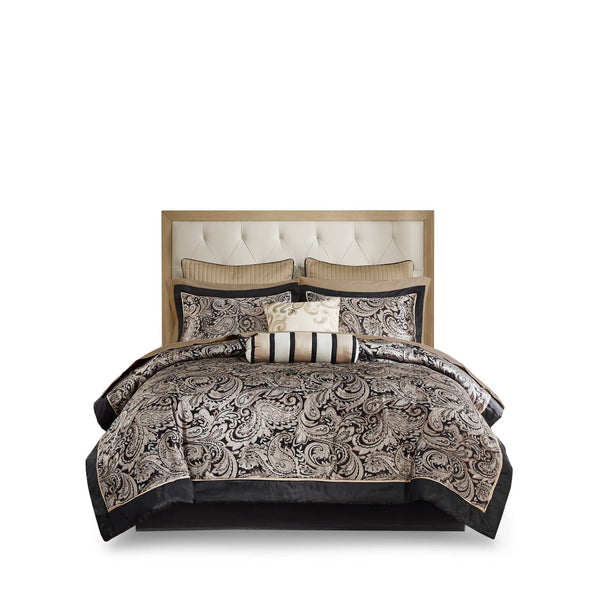 JLA Home Madison Park - 12 Piece Comforter Set Jacquard Paisley in Gold & Silver with Reversible Comforter and Cotton Sheets Black MP10-333
