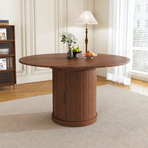 English Elm 47 Inch Extendable Round Dining Table Walnut Finish Seats 8 with Wire Grid Shelf W2700P385519