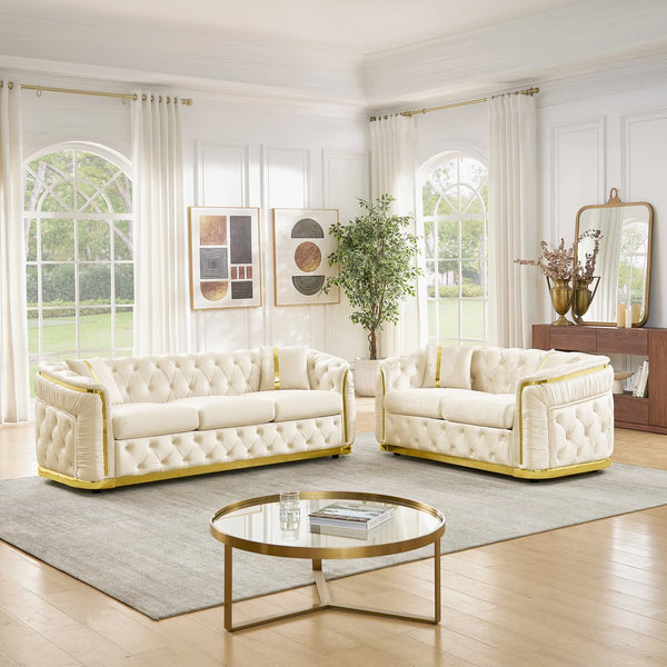 English Elm 2 Piece Velvet Chesterfield Sofa Set with Gold Steel Trim Button Tufted Living Room Couch Beige W1191S00102