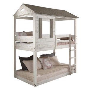 English Elm Rustic Twin-Over-Twin Bunk Bed in Rustic White Solid Pine with Built-In Right Ladder, 13-Slat Support B062S00467