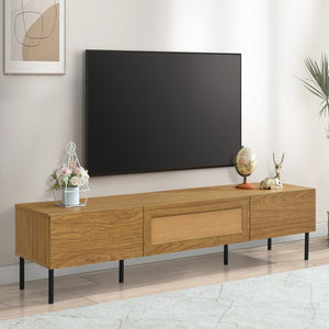 English Elm Boho Rattan TV Stand 80" Capacity, Modern Farmhouse Media Console with Metal Legs & Storage Drawers N710P206387Q