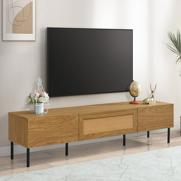 English Elm Boho Rattan TV Stand 80" Capacity, Modern Farmhouse Media Console with Metal Legs & Storage Drawers N710P206387Q