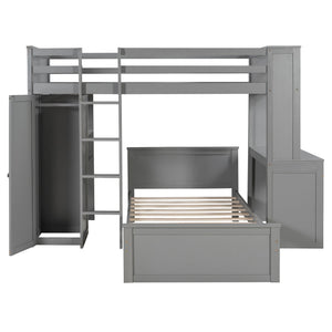 English Elm Twin Loft Bed System with Wardrobe Desk and Shelving for Kids Shared Bedroom Gray LT000820AAE-1
