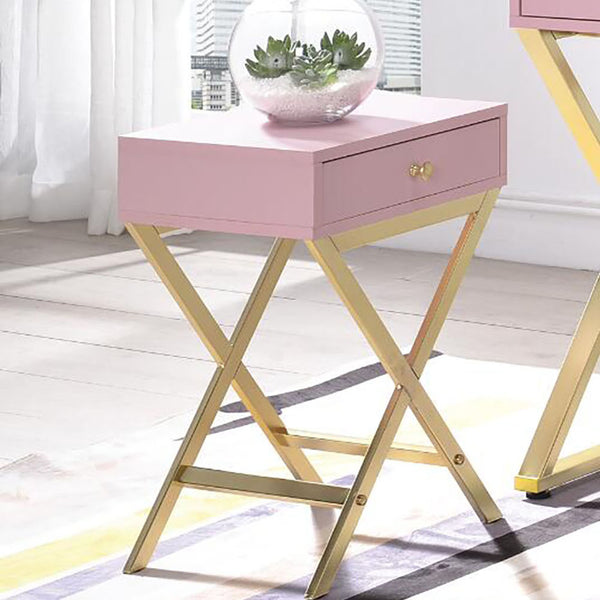 English Elm Rectangular Industrial Wooden Top End Table with Weathered Oak Finish and Sturdy Metal Legs Gold,Pink B016P311132