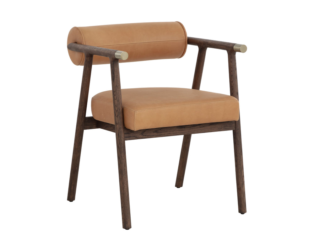 Sunpan Sova Dining Armchair - Modern Oak & Sahara Camel Leather With Elegant Brass Accents For Chic Dining Brown Leather 111341