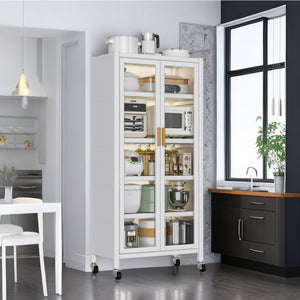 English Elm Open-door Vertical Kitchen Storage Cabinet with Microwave Shelf, Bakers Rack, 250KG Capacity Wheels White W509P164654