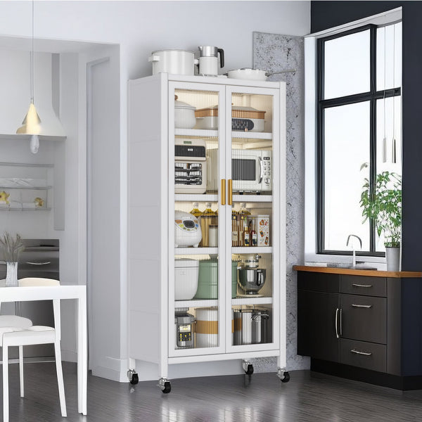 English Elm Open-door Vertical Kitchen Storage Cabinet with Microwave Shelf, Bakers Rack, 250KG Capacity Wheels White W509P164654