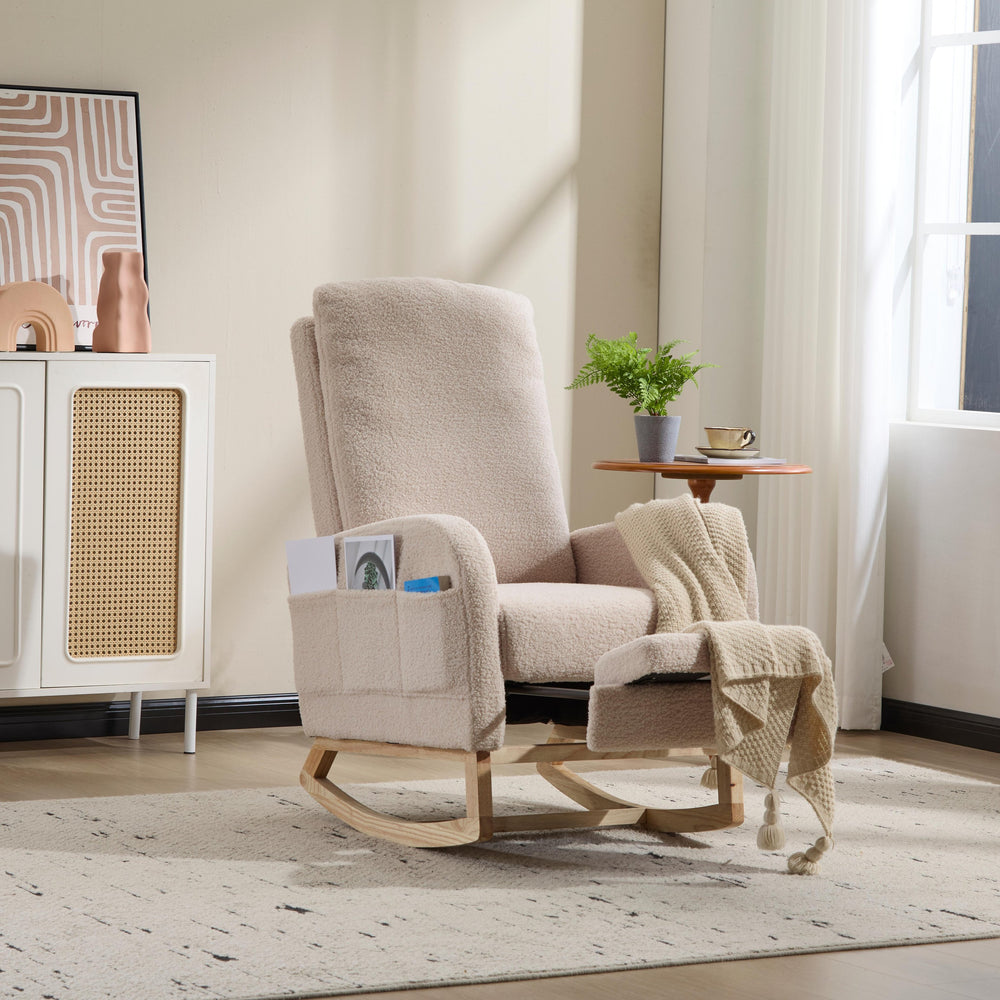 English Elm Modern Upholstered Glider Rocker with Teddy Fabric High Back and Rubberwood Base Beige W3723P409075