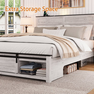 English Elm Queen Farmhouse Platform Bed Antique White Wood Frame Led Lighting and Charging Station W636P209999