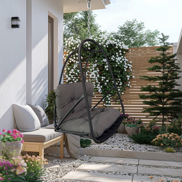 English Elm without Swing Egg Chair Rattan Hanging Patio Basket with C-Bracket, Foldable, Cup Holder, Cushions, Durable Metal Frame Black W2707P388615
