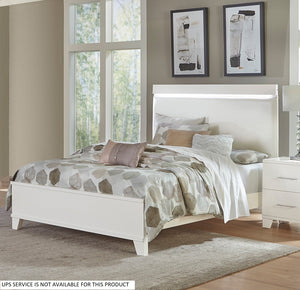 English Elm White LED Queen Bed with Opalescent Faux Leather Headboard High Gloss Modern Bedroom Centerpiece White 80.25 L x 7.75 W x 4.5 H B011S00907