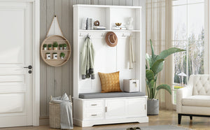 English Elm On-Trend Elegant Hall Tree With Sliding Doors, 6 Hooks, Mudroom Bench & Cushion For Organized Entryway N721P205787K-GIGA