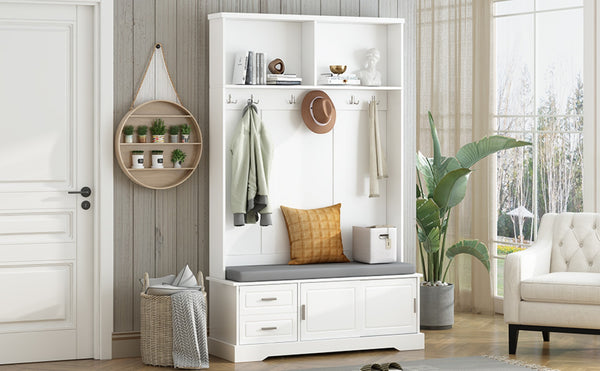 English Elm On-Trend Elegant Hall Tree With Sliding Doors, 6 Hooks, Mudroom Bench & Cushion For Organized Entryway N721P205787K-GIGA