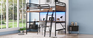 English Elm Full Size Metal Loft Bed with Desk, LED Light & Charging Station, MDF Panels, Safe Rounded Edges W2580P286695