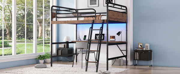 English Elm Full Size Metal Loft Bed with Desk, LED Light & Charging Station, MDF Panels, Safe Rounded Edges W2580P286695