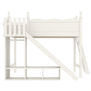 English Elm Twin Loft Bed Solid Pine Frame with Wardrobe Shelving Detachable Slide Kids Room Beige W5305S00023