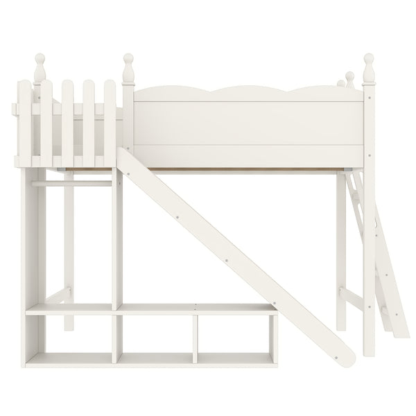 English Elm Twin Loft Bed Solid Pine Frame with Wardrobe Shelving Detachable Slide Kids Room Beige W5305S00023