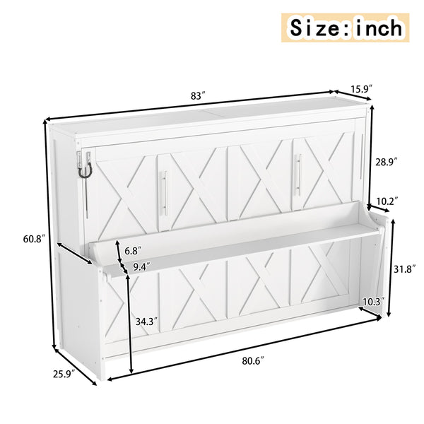 English Elm Full Murphy Bed with Fold Down Desk Led Lighting and Usb Port for Studio Spaces White W1580S00454