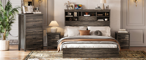 English Elm 4PCS Queen Bedroom Set with Storage Headboard & Built‑In Charging Station, 2 Nightstands, Dresser Antique Gray 54.25 L x 18.75 W x 9.25 H N733S307937A